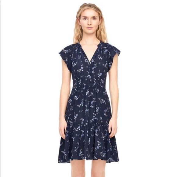 Rebecca Taylor Blue Floral Silk Smocked Waist Ruffle Hem Dress Size 2 - Picture 1 of 11